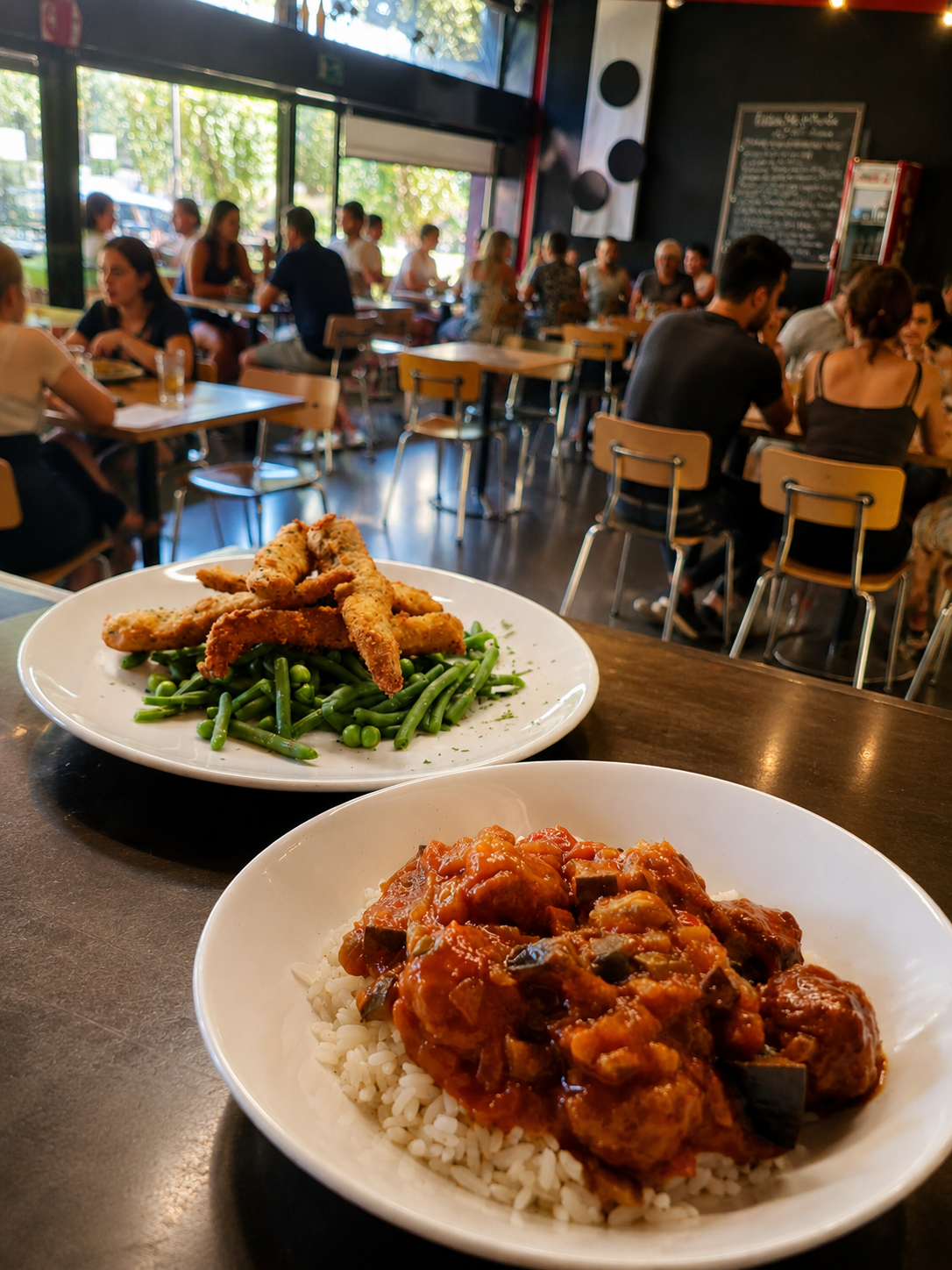 Plats del dia servits a la sala del Parc Cafè: pollastre amb verdures i mandonguilles amb arròs